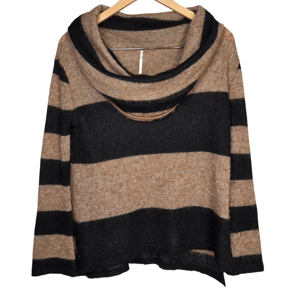 Free People Lulu Rugby Striped Cowl‎ Neck Alpaca Wool Blend Sweater Tan Black S